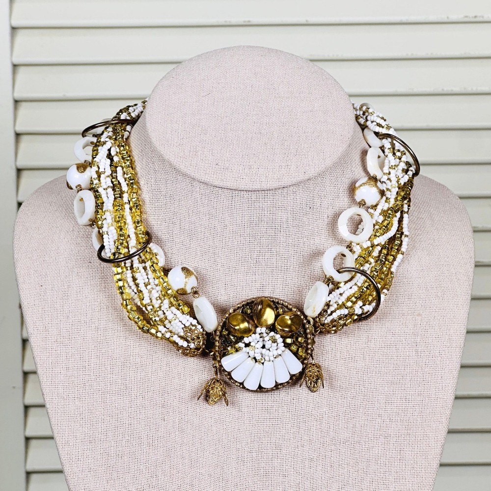 Vintage Cluster Necklace White Gold Murano Glass‎ Seed Beads 50s 60s Blind Clasp